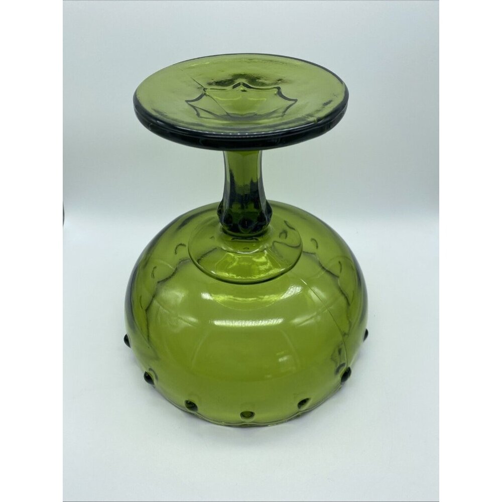 Indiana Glass Teardrop Olive Green Footed Compote 7.75" Tall 7.5" Diameter 1960s - Picture 7 of 9